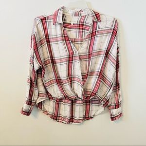 Lou & Grey for LOFT Plaid Long Sleeves Faux Wrap Top S